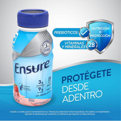 Ensure Clásico Fresa Chocolate 237ml, Alimentación Especializada, Caja con 12 Botellas (10 Fresa y 2 Chocolate)