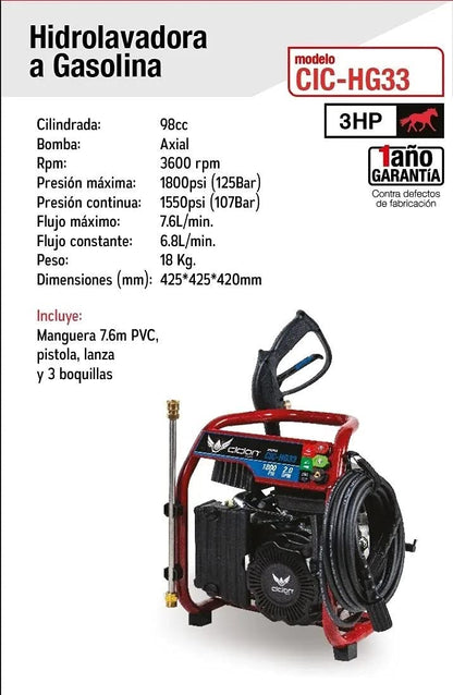 Ciclon - HIDROLAVADORA GASOLINA 3HP 1,800PSI