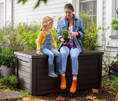 Keter - Keter Caja de almacenamiento de cubierta de resina resistente a la intemperie de 165 galones para exteriores, muebles de jardín, color café