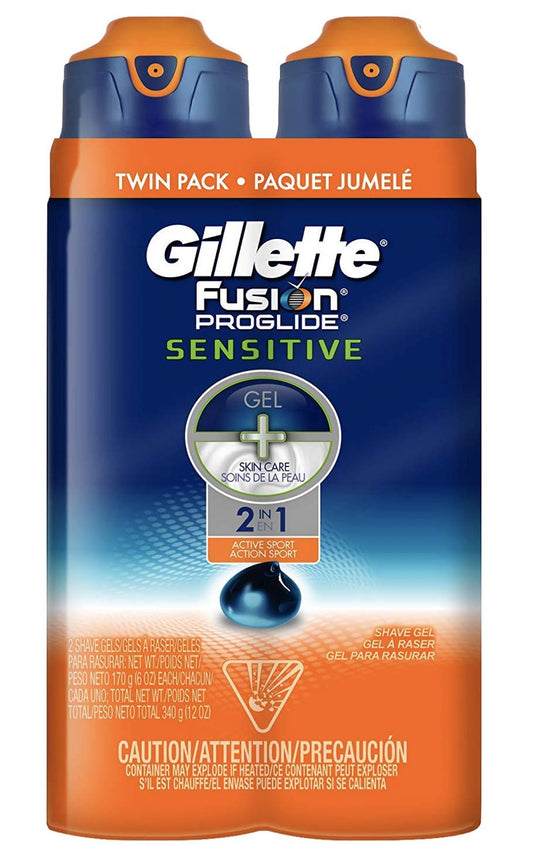Gillette Fusion ProGlide Sensitive 2 in 1 Shave Gel, Active Sport, 12 Ounce (Pack of 2)