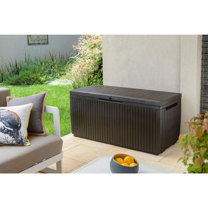 Keter Springwood - Caja de almacenamiento de resina para exteriores de 80 galones para cojines de muebles de patio, juguetes de piscina y herramientas de jardín con asas, color café