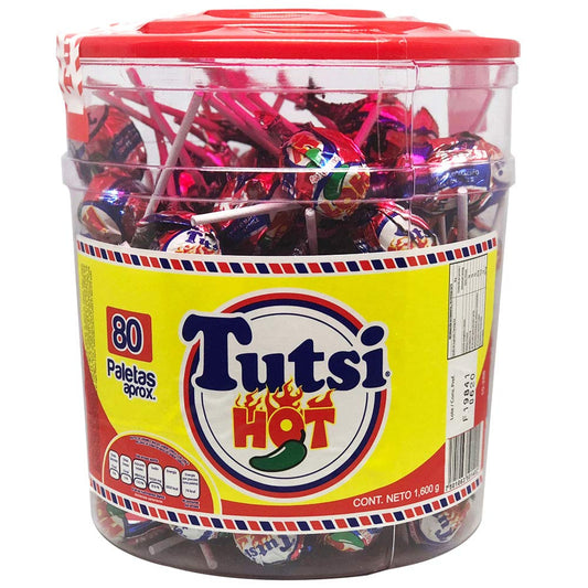 Tutsi Pop - Tutsi Hot paletas de caramelo sabor cereza con chile 80 piezas ideal para tus fiestas y eventos.