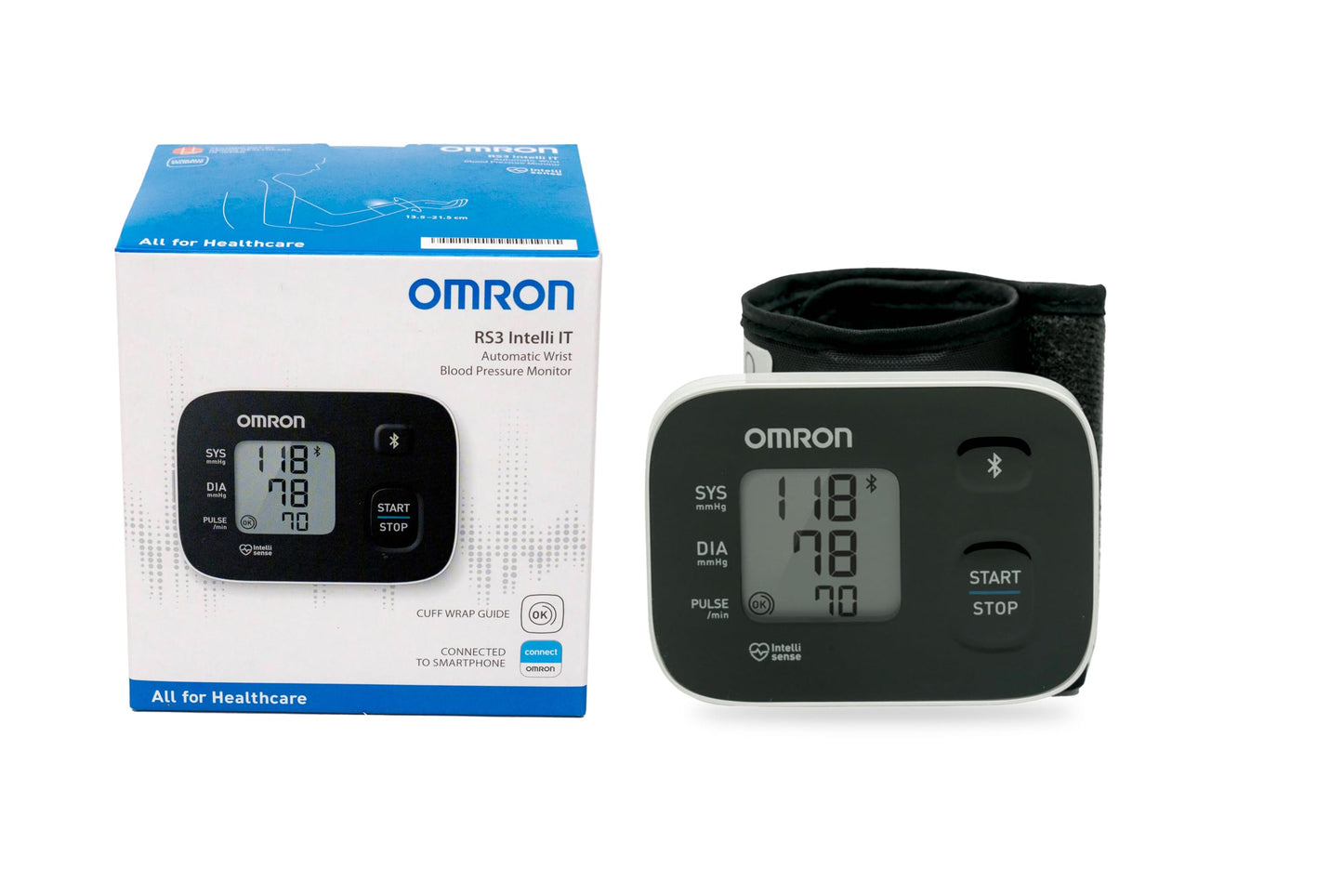 OMRON Baumanómetro automático de muñeca RS3 Intelli IT (HEM-6161T-E) con conectividad OMRON connect