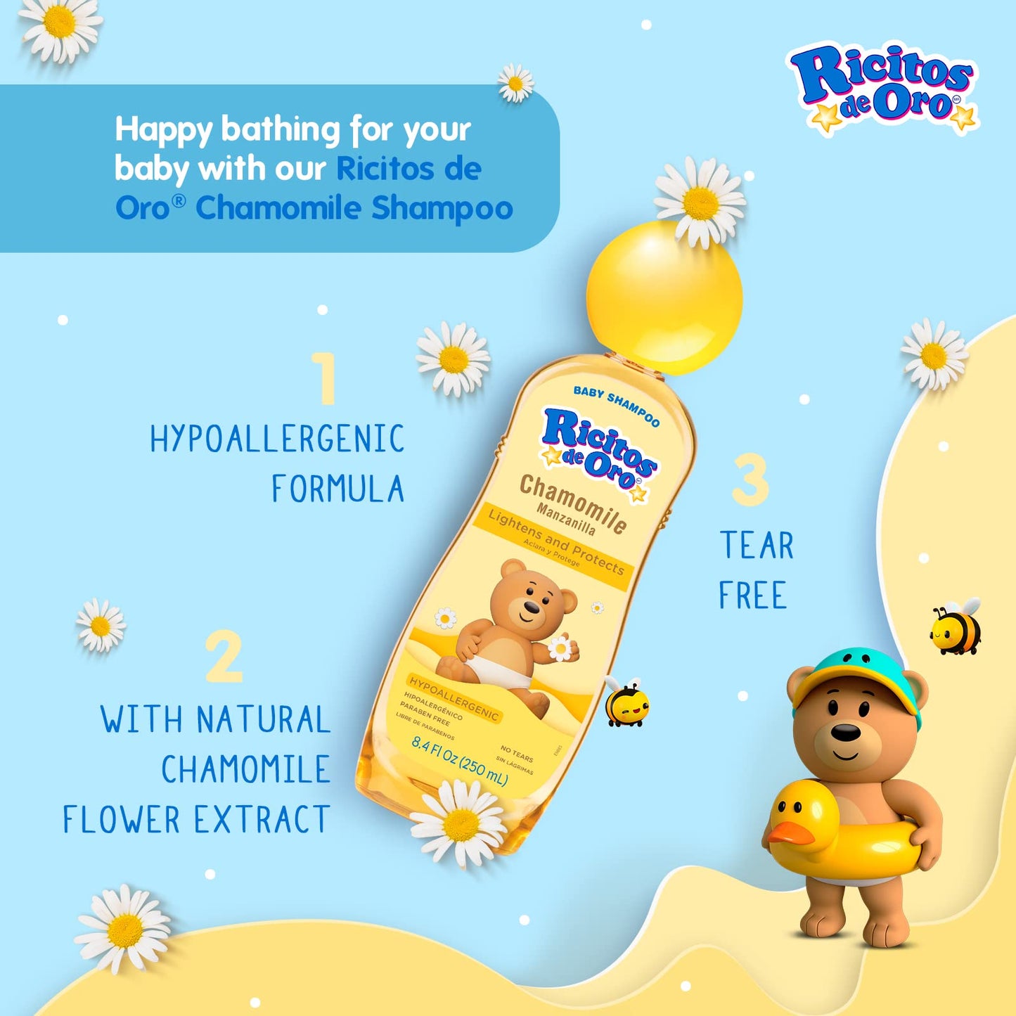 Ricitos de Oro, Champú de limpieza para bebés con extracto de manzanilla que aclara naturalmente sin parabenos, hipoalergénico, paquete de 2 botellas de 13.5 onzas líquidas, ámbar, 2 unidades