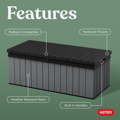 Keter - Caja grande de resina Keter Darwin de 100 galones, Almacenamiento para Jardin y Exteriores, Gris y Negro