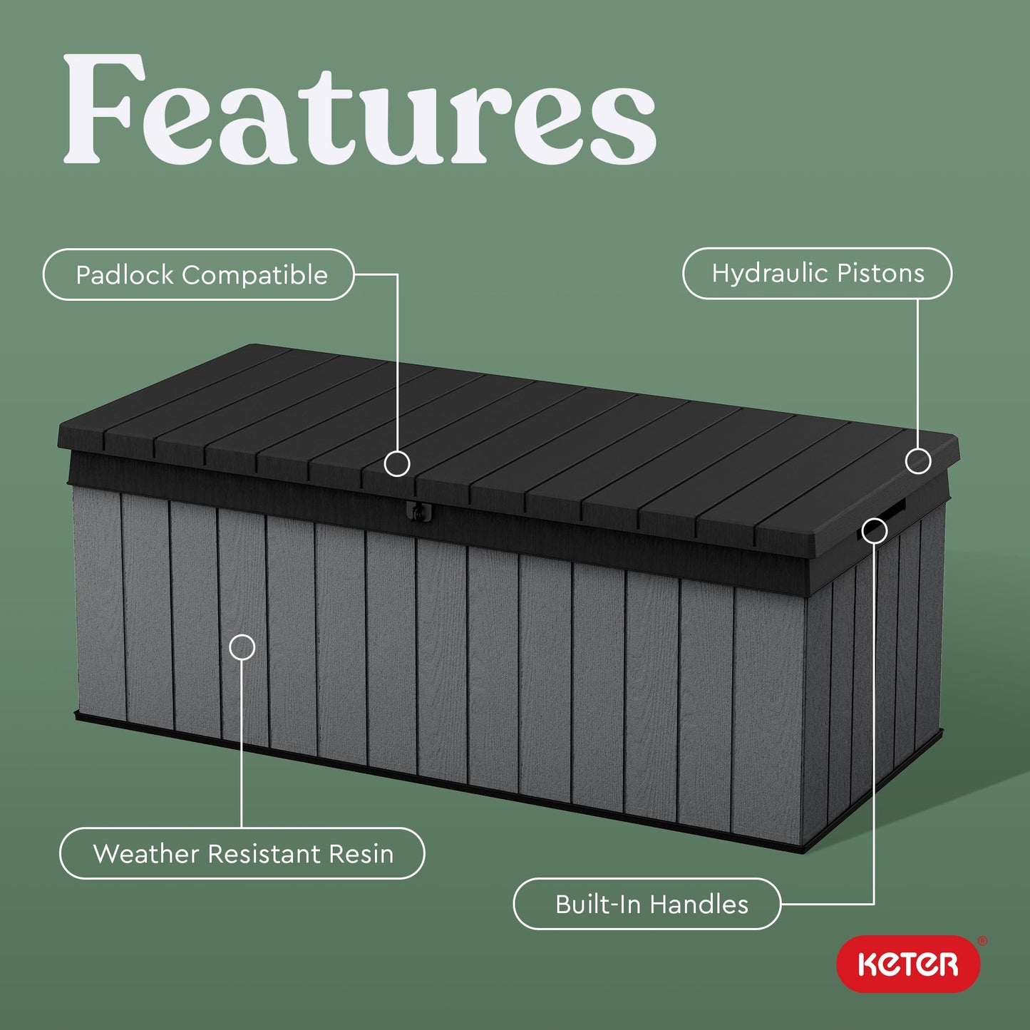 Keter - Caja grande de resina Keter Darwin de 100 galones, Almacenamiento para Jardin y Exteriores, Gris y Negro