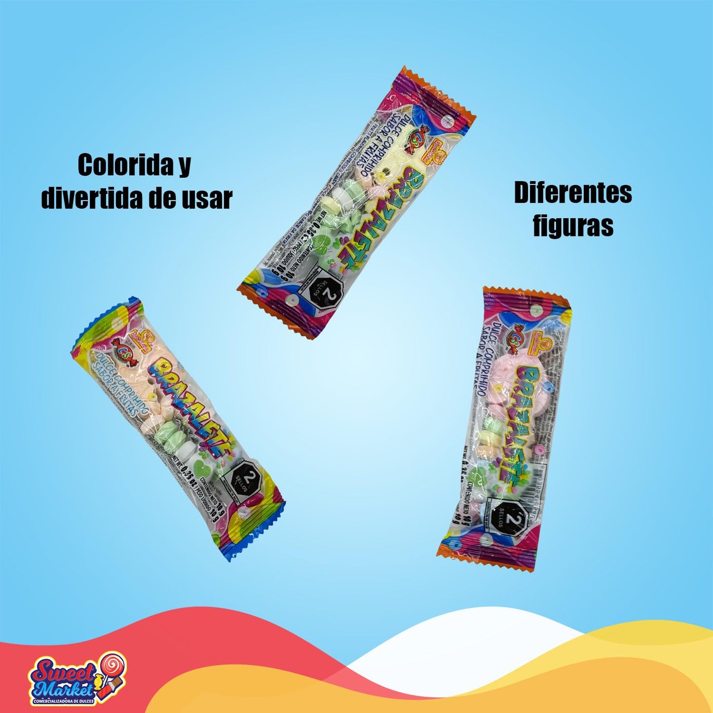 Brazalete 48 piezas, Dulce Comprimido Sabor Frutales en forma de pulseras, Las Delicias.