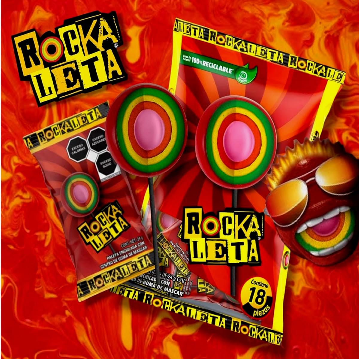 Rockaleta Paleta 18 paletas de 24 gramos cada una.