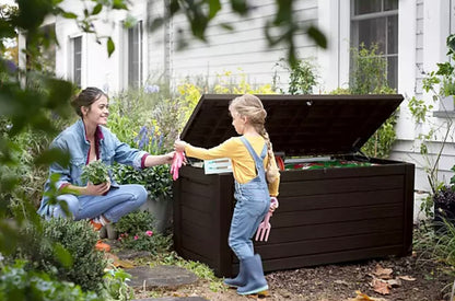Keter - Keter Caja de almacenamiento de cubierta de resina resistente a la intemperie de 165 galones para exteriores, muebles de jardín, color café