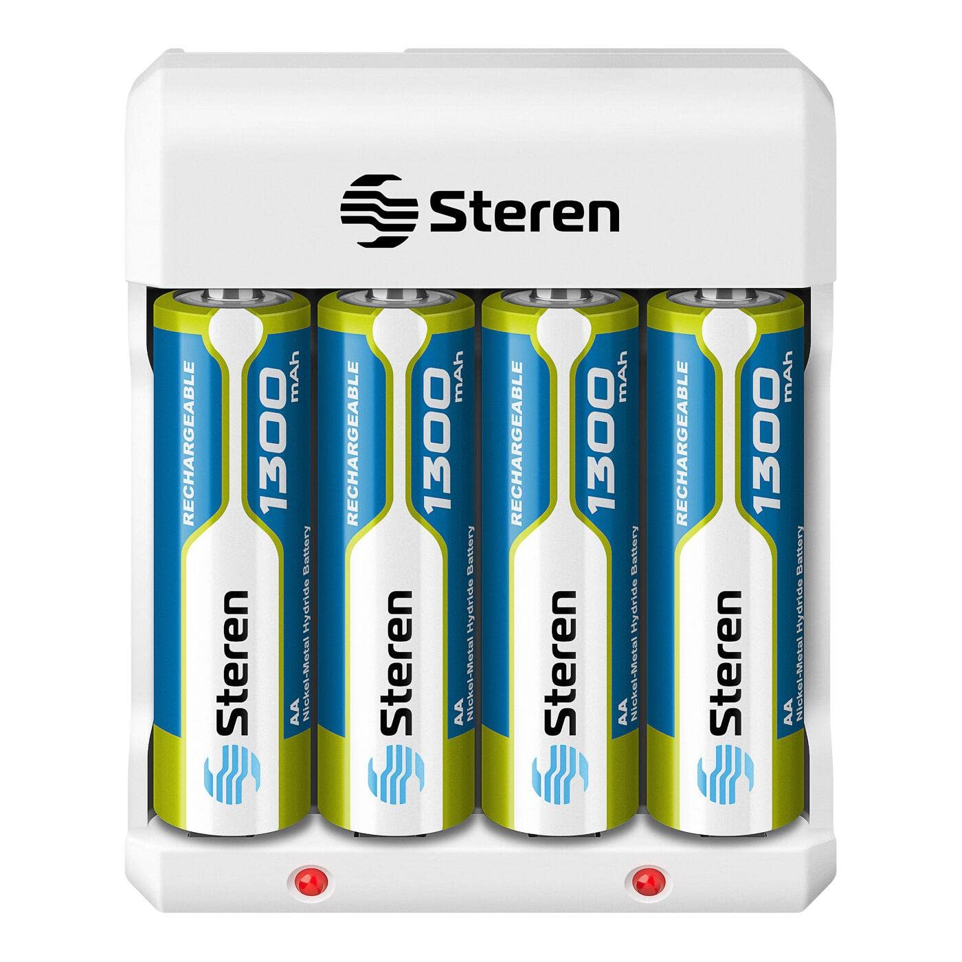 Steren CRG-015 Cargador de pilas AA y AAA, incluye 4 pilas AA, 1300 mAh, indicador de carga LED, compatible con baterías NiCd y NiMH, clavija abatible