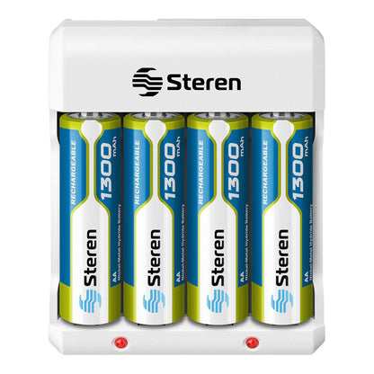 Steren CRG-015 Cargador de pilas AA y AAA, incluye 4 pilas AA, 1300 mAh, indicador de carga LED, compatible con baterías NiCd y NiMH, clavija abatible