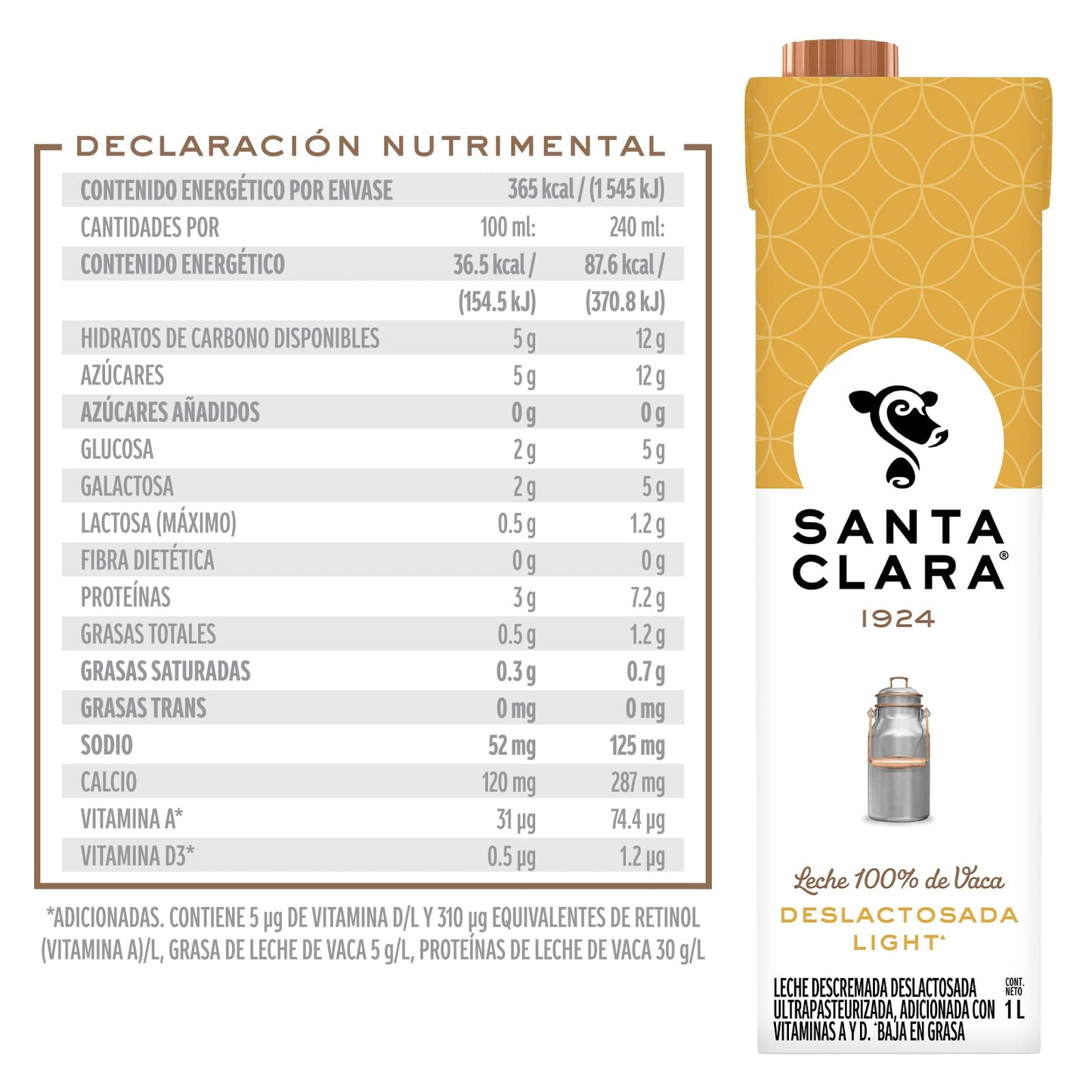 Santa Clara 12 Pack Leche Deslactosada Light 1 Lt cada uno.