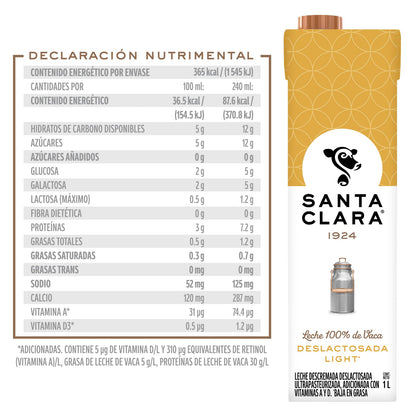 Santa Clara 12 Pack Leche Deslactosada Light 1 Lt cada uno.