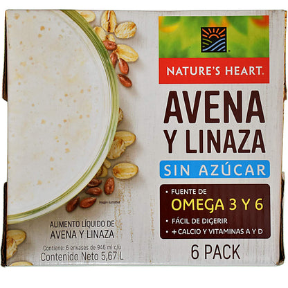 Natures Heart - Natures Heart Bebida sabor avena y linaza 6 Pack de 946 ml (5.67 litros). Sin Azúcar, Vegano
