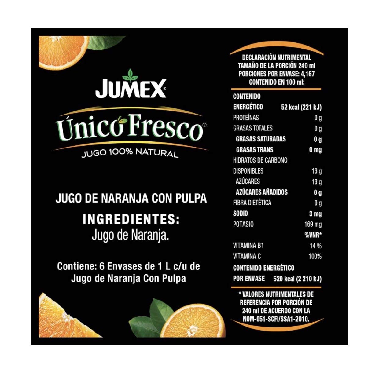 JUMEX UNICO FRESCO JUGO DE FRUTA PAQUETE SURTIDO CON 6 PIEZAS DE 1 LITRO SABOR NARANJA