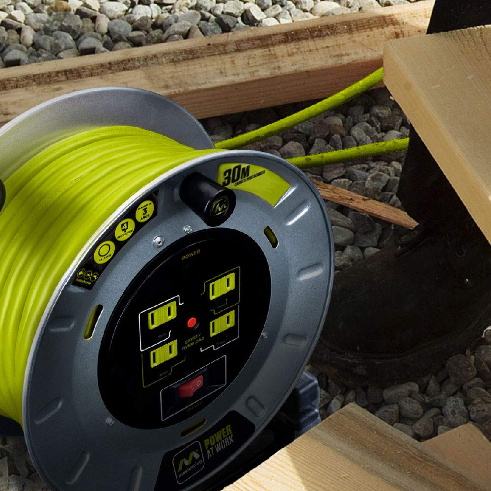 Extensión Eléctrica de 30 metros Tipo Carrete para Uso Rudo, Calibre 14 AWG, con 4 Multicontactos y Switch + Indicador LED Green