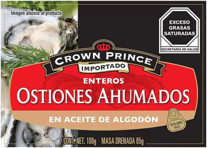 Crown Prince Ostiones Ahumados Enteros en Acite de Algodón 106 g - 4 Pack