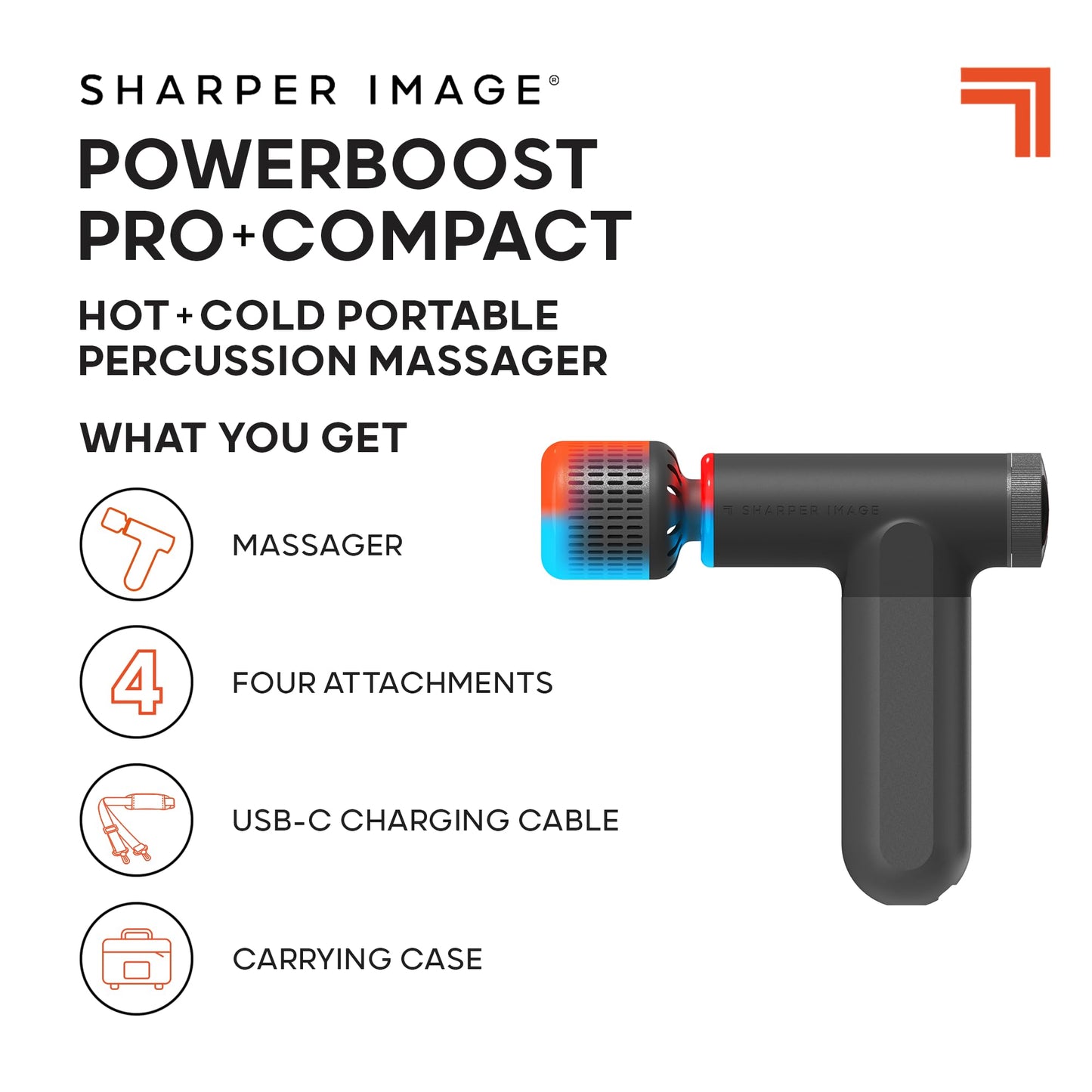 Sharper Image® Powerboost® Pro+ Masajeador compacto de percusión caliente y frío, nodo de doble temperatura, terapia calmante de calor y frío, 6 velocidades, 4 accesorios, recuperación portátil ligera