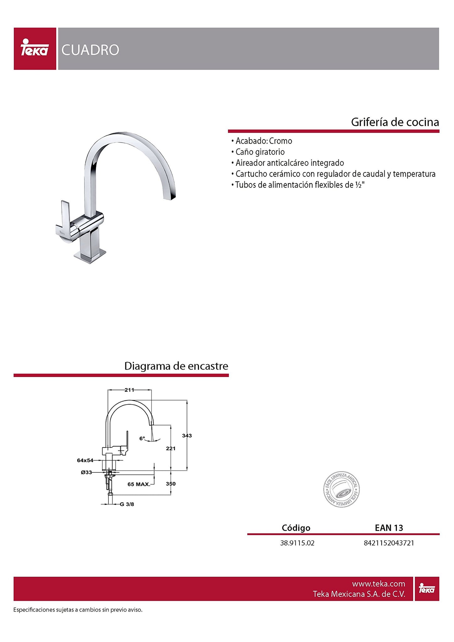 Grifo Teka Cocina Cuadro Cromo Alto 38.9115.02