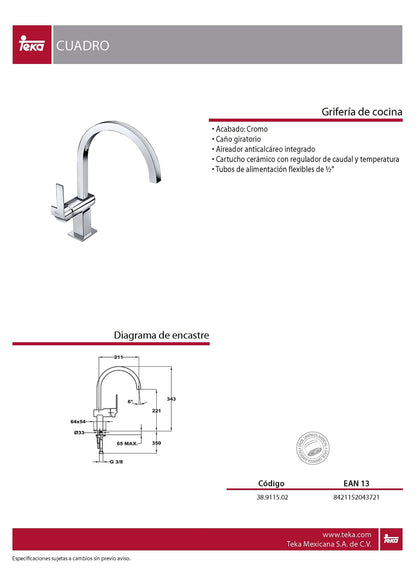 Grifo Teka Cocina Cuadro Cromo Alto 38.9115.02