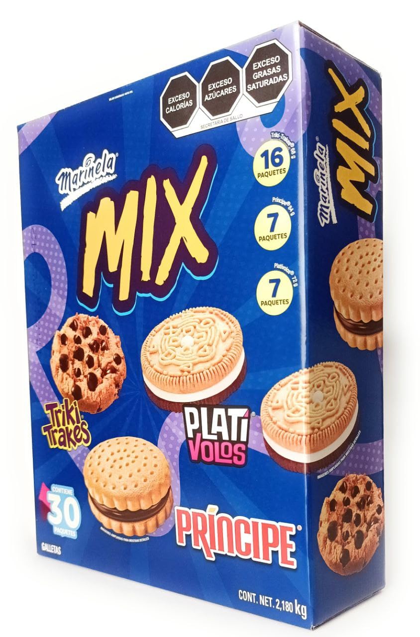 Marinela Mix Grande de 30 paquetes de Galletas Surtidas. Plativolos + Triki.trakes + Principe. Caja de 2.18Kg