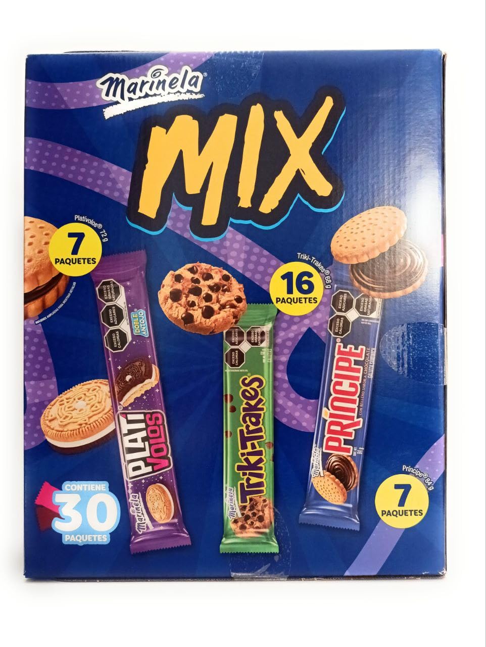 Marinela Mix Grande de 30 paquetes de Galletas Surtidas. Plativolos + Triki.trakes + Principe. Caja de 2.18Kg