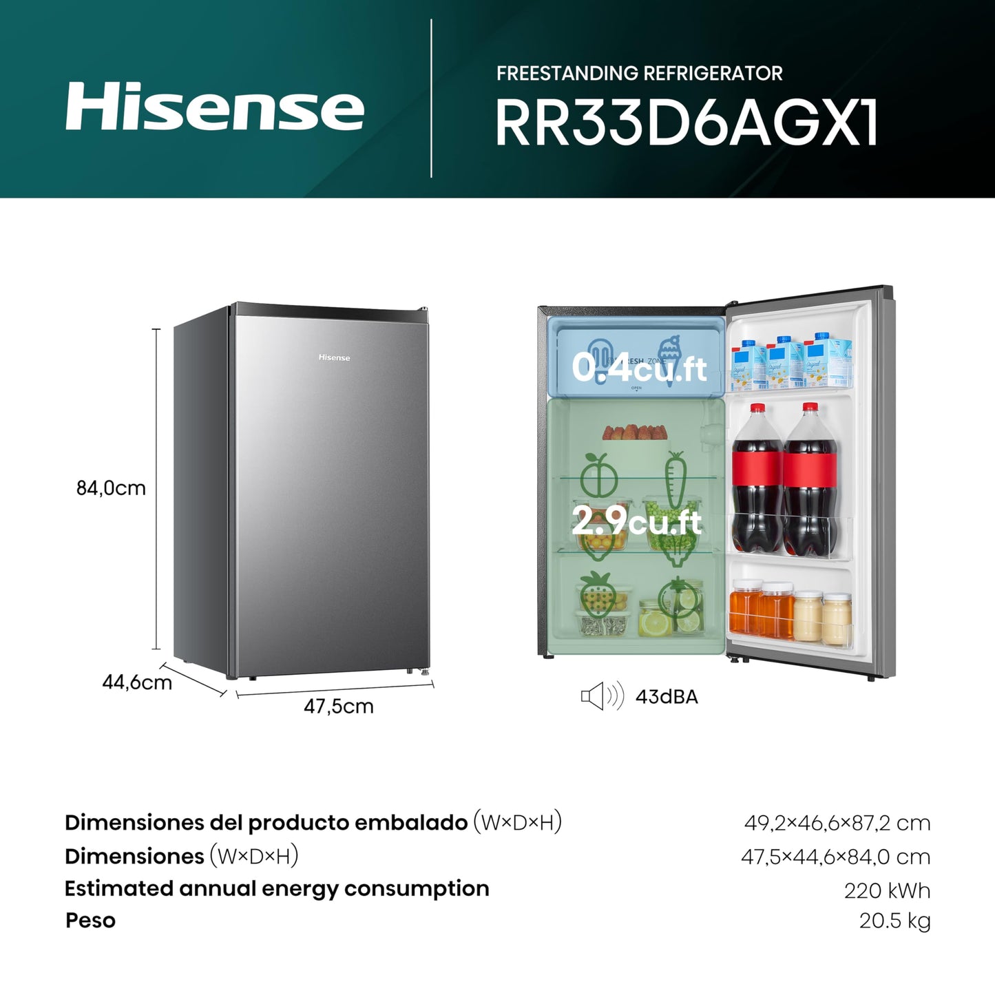 Hisense RR33D6AGX1- Frigobar,3.3 pies cúbicos,Termostato ajustable,Congelador independiente,Estantes para botellas de 2 litros,48x45x84cm(AnchoxLargoxAlto),Gris