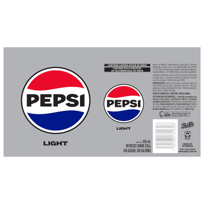 Pepsi Light Refresco de Sabor Cola Light con Latas de Aluminio, Contenido 1 Paquete de 24 Latas de 355 Mililitros Cada Una, Cola Light, 355 mililitros
