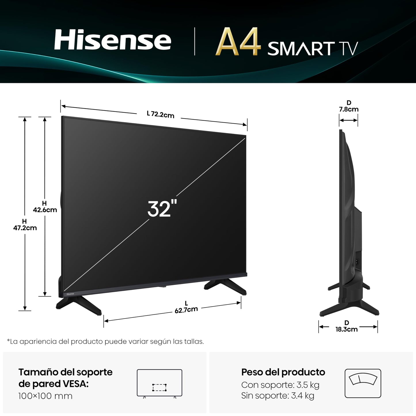 Hisense Television A4N (Modelo 2025) Pantalla 32 Pulgadas, Smart Vidaa TV HD,Modo de Juego,Dolby Audio,Comparte en tu TV,Noise Reduction