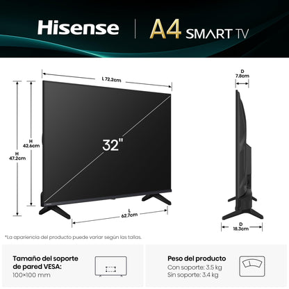 Hisense Television A4N (Modelo 2025) Pantalla 32 Pulgadas, Smart Vidaa TV HD,Modo de Juego,Dolby Audio,Comparte en tu TV,Noise Reduction