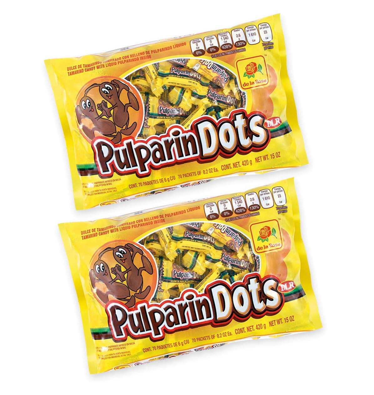 De la Rosa - De la Rosa Pulparindots bolitas confitadas con relleno de pulparindo - 2 Bolsas con 70 paquetes c/u