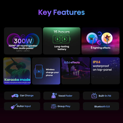 Hisense Ultimate - Altavoz inalámbrico para Fiesta Exterior e Interior con subwoofer, 2.0 CH, 300 W, IPX4 Impermeable, batería de Larga duración, Bluetooth5.0, Modo DJ y Karaoke (HP100)