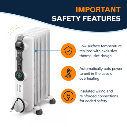 DeLonghi Calentador de radiador con relleno de aceite, calentador eléctrico de 1500 W para uso en interiores, calentador de habitación portátil silencioso, 1500 W, ahorro de energía, habitación completa, oficina y recámara con características de seguridad