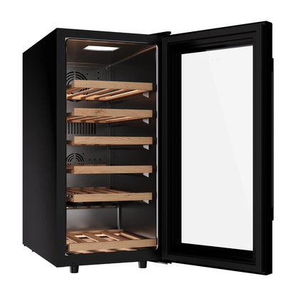 Enfriador de Vinos TEKA marca Alemana modelo RVF 10032 GBK.Libre instalación.Acero inoxidable.Capacidad 83Litros/32botellas.Puerta cristal negro.5 anaqueles de madera.Ilimunación LED.nivel sonor 42DB.