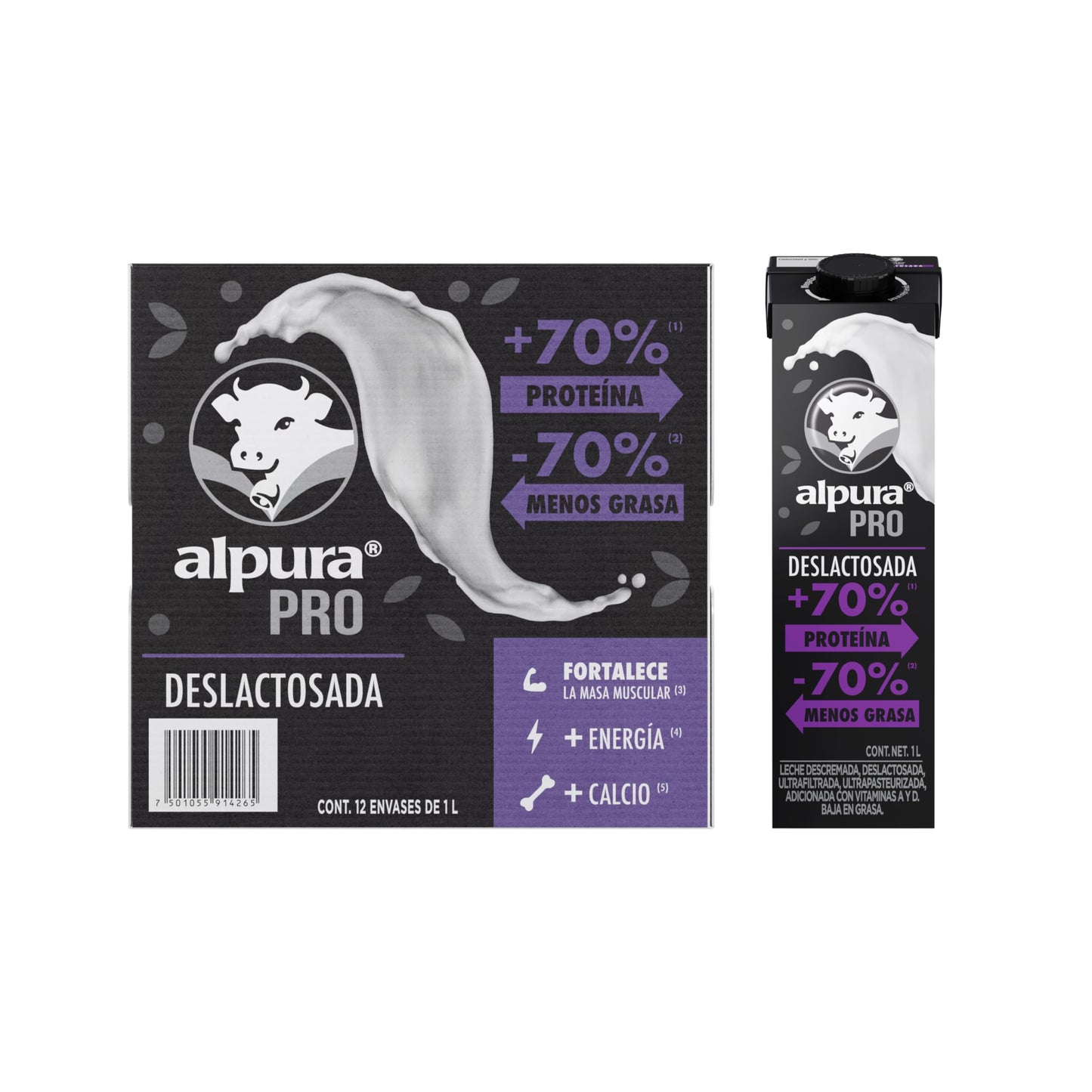 Alpura Pro con extra proteína Deslactosada Ultrapasteurizada en Paquete de 12 piezas de 1 Litro cada una, Fuente de proteína y Calcio, baja en grasa, adicionada con Vitaminas A y D