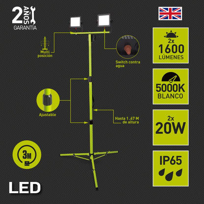 Luceco - LUCECO, ELSWT220BG3-MX2, Portable Doble con Tripié 2x20W, 127V, 5000K, 30000 Hrs, IRC>70, 2x1600 Lúmenes, IP65, Acabado Color Verde Lima