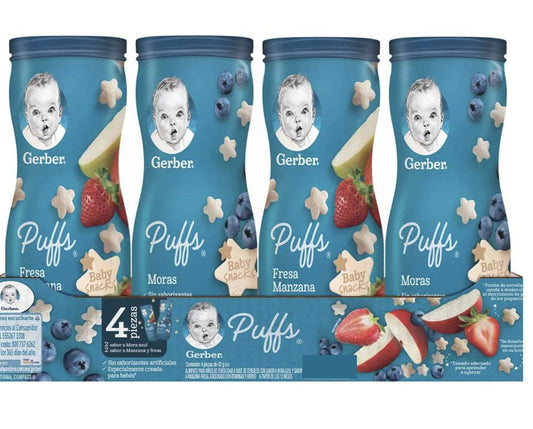 Gerber - Gerber snacks puffs Paquete de 4 Puffs (2 sabor mora azul, 2 sabor manzana y fresa)