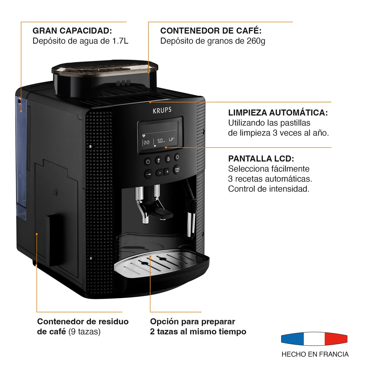 KRUPS Espresseria automática Quattro Force es como un barista en casa con resultados profesionales en cada taza, con molino integrado. Capacidad 1.8L, EA815050