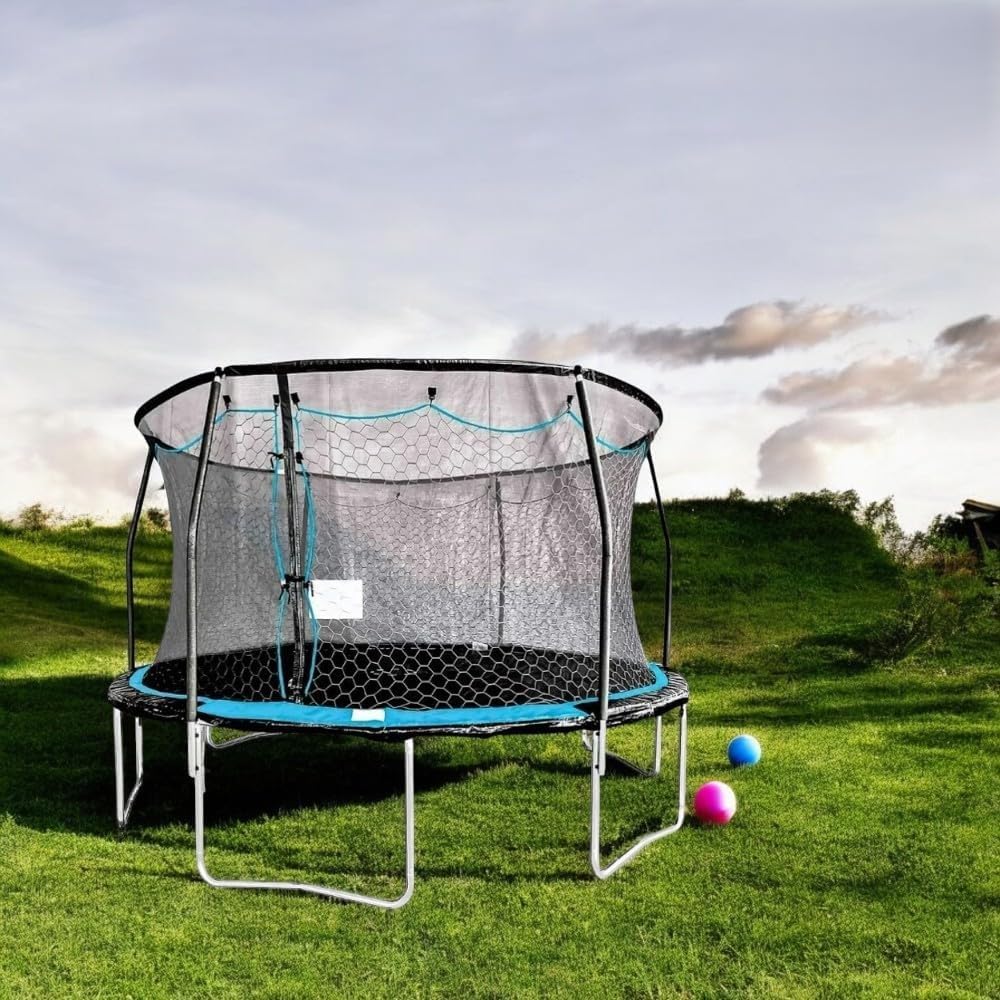 RIVARRO | Brincolines para Niños Grande De Acero para Exteriores Trampolin 9 Ft 279 Cm Largo x 426 Cm Alto, Red De Seguridad, Brincolin para Niños Y Adultos, Color Azul