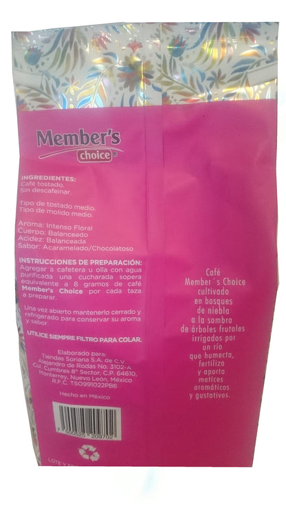 Member's Choice - Café de OAXACA tostado y molido medio Member´s Choice 100% café puro mexicano variedad Arábiga contenido neto1kg