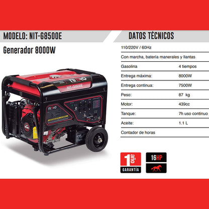 Nitro - GENERADOR 7500Wtts 16HP 110-220V/60Hz CON MARCHA BATERIA Y MANERALES LLANTAS GASOLINA 4T NITRO NIT-G8500E