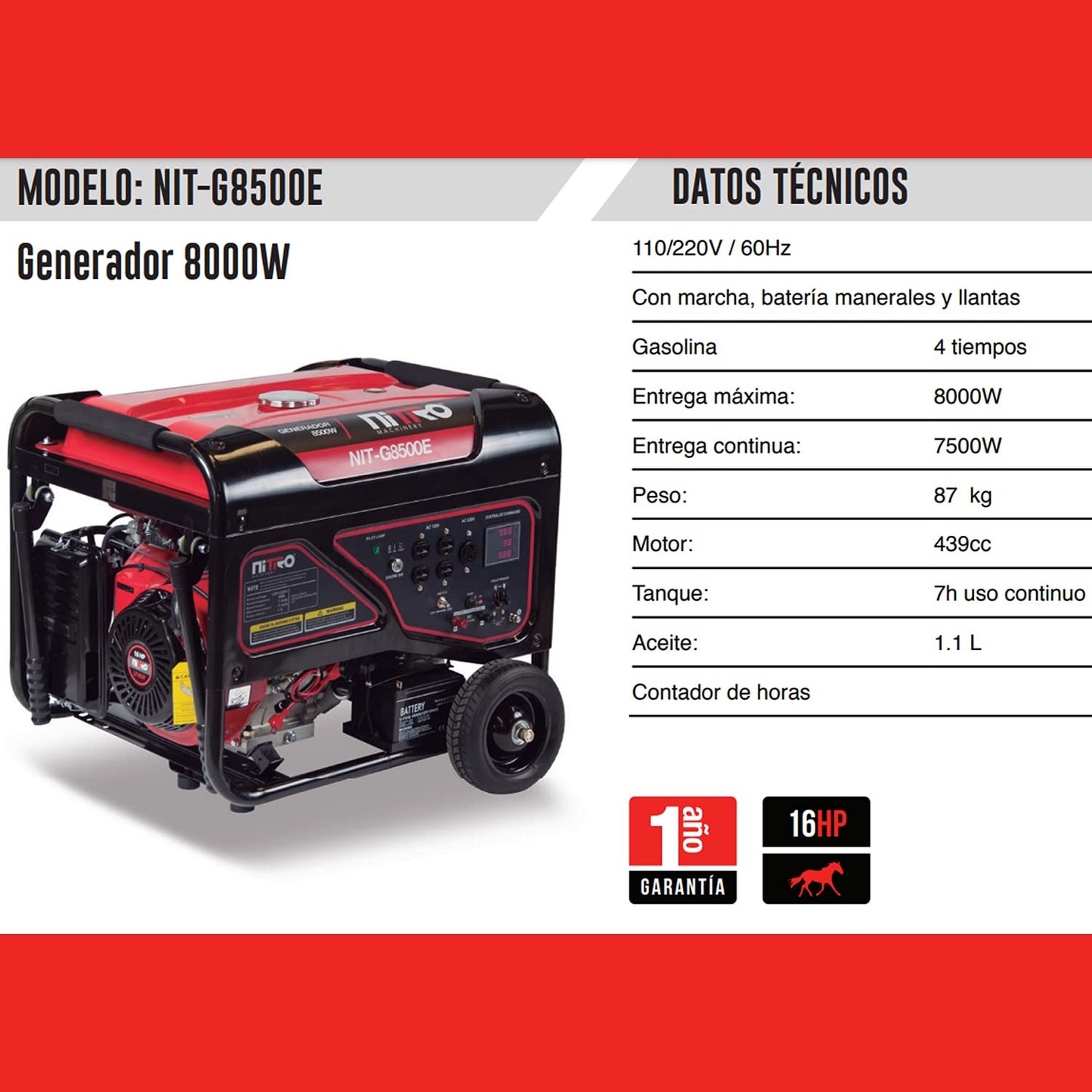 Nitro - GENERADOR 7500Wtts 16HP 110-220V/60Hz CON MARCHA BATERIA Y MANERALES LLANTAS GASOLINA 4T NITRO NIT-G8500E