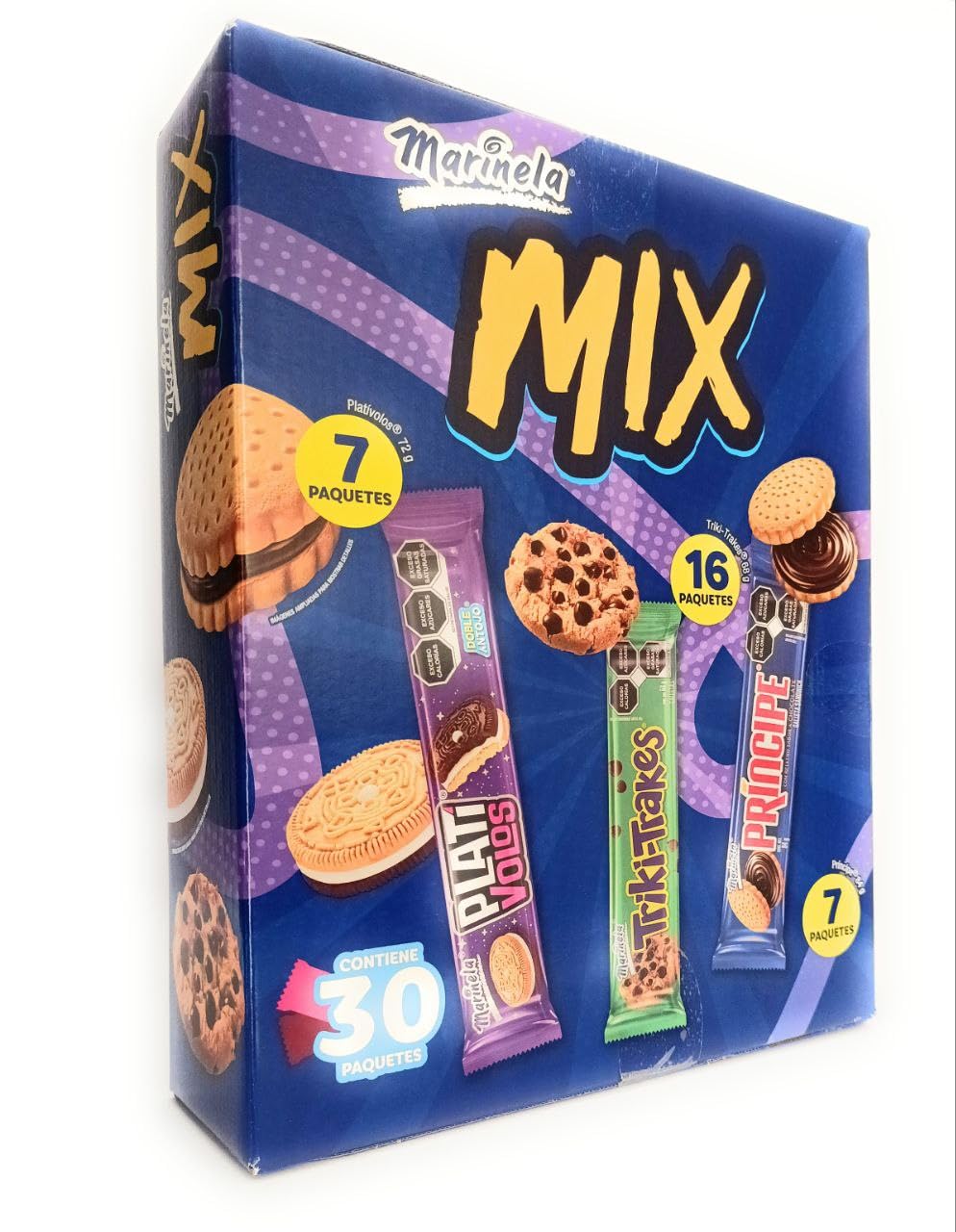 Marinela Mix Grande de 30 paquetes de Galletas Surtidas. Plativolos + Triki.trakes + Principe. Caja de 2.18Kg