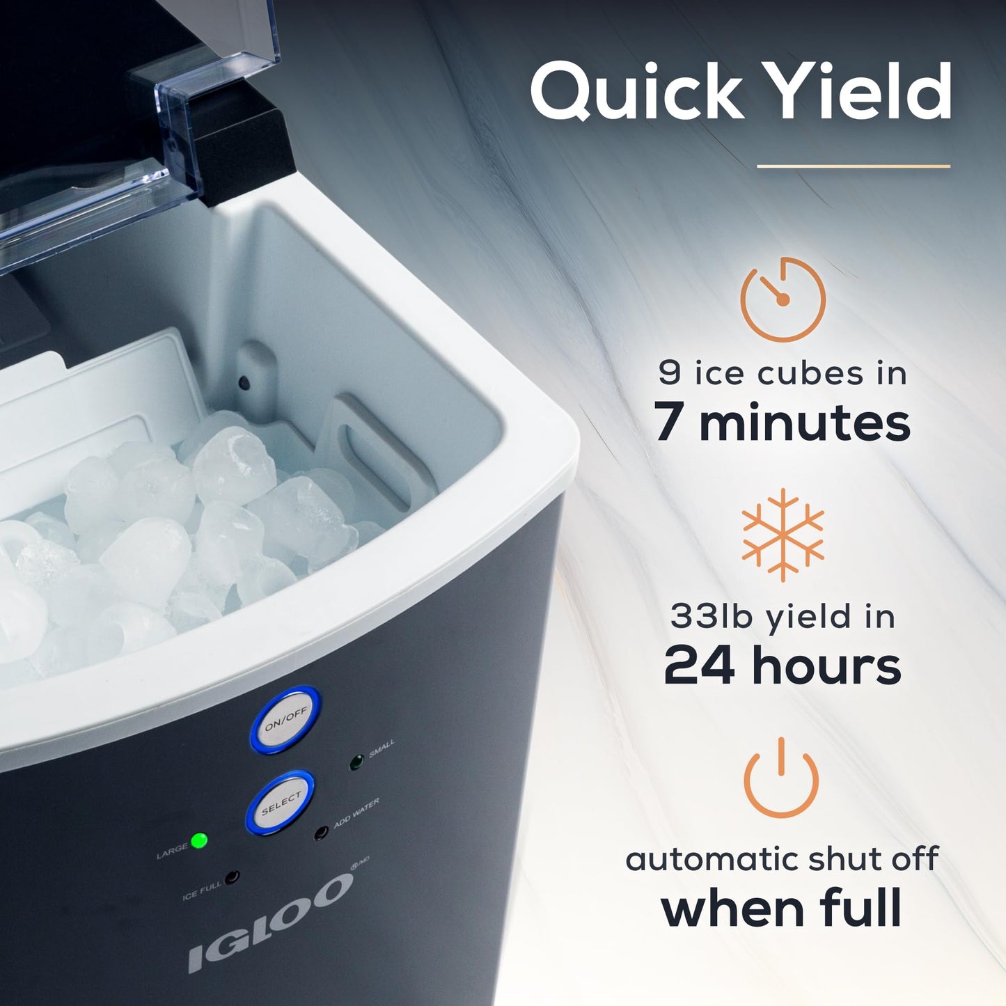 Igloo - Máquina eléctrica para hacer hielo en encimera - Automática y portátil - 33 libras en 24 horas - Máquina para hacer cubitos de hielo - Cuchara y cesta de hielo - Ideal para café helado y