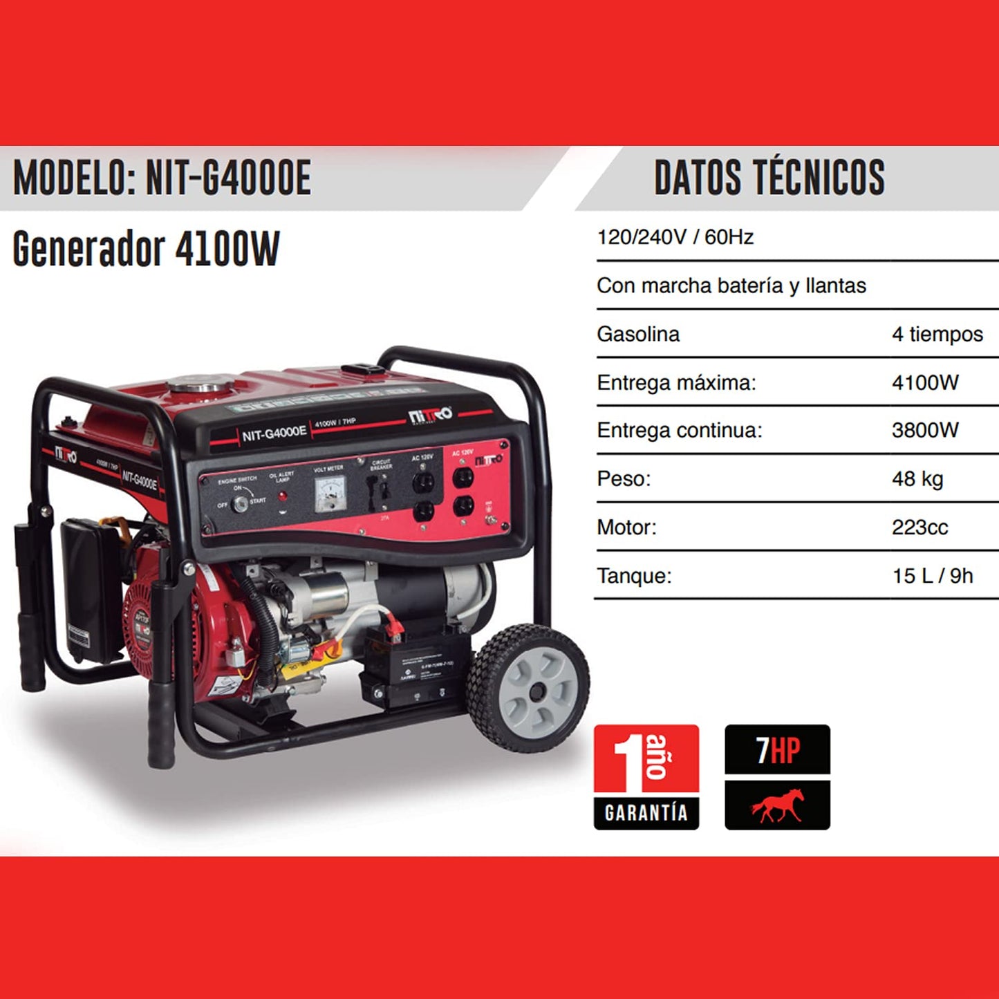 Nitro - GENERADOR 4100Wtts 7HP 120V/60Hz CON MARCHA BATERIA Y MANERALES GASOLINA LLANTAS 4T NITRO NIT-G4000E
