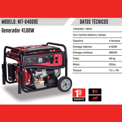 Nitro - GENERADOR 4100Wtts 7HP 120V/60Hz CON MARCHA BATERIA Y MANERALES GASOLINA LLANTAS 4T NITRO NIT-G4000E