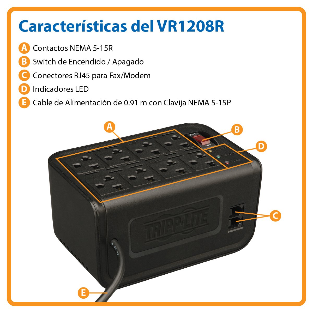 Tripp Lite - Tripp Lite VR1208R Regulador de Voltaje de 1200VA con Supresión de Sobretensiones, 8 Contactos