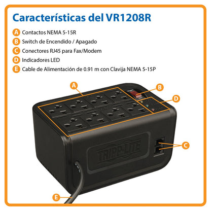 Tripp Lite - Tripp Lite VR1208R Regulador de Voltaje de 1200VA con Supresión de Sobretensiones, 8 Contactos
