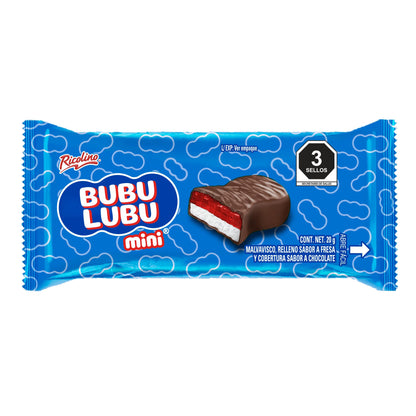 Mini Bubulubu, malvavisco relleno sabor a fresa y cobertura sabor a chocolate 25 piezas de 20 gramos