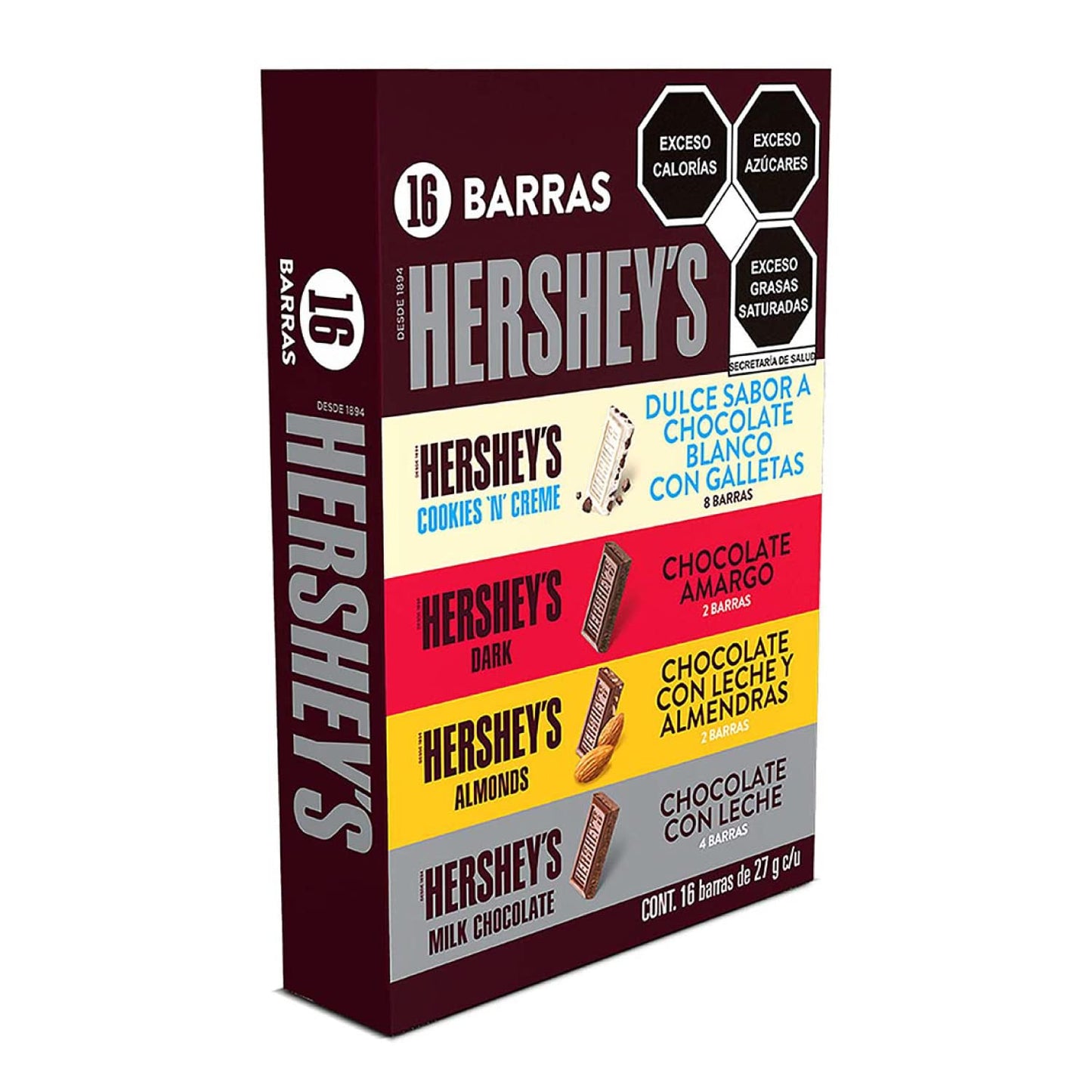 HERSHEY'S VARIETY PACK - Barras de Chocolate, Pack 16, 8 Chocolate Blanco con Galletas, 2 Chocolate Amargo, 2 Chocolate con Leche y Almendras, 4 Chocolate con Leche, 16x27 g